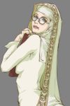  bayonetta_(character) beauty_mark blue_eyes book glasses hood looking_back mole nun oprince robe simple_background solo 
