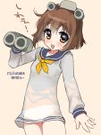  1girl binoculars brown_hair dress highres horns kantai_collection looking_at_viewer personification solo suzune_rai tongue tongue_out white_dress yellow_eyes yukikaze_(kantai_collection) 