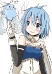  1girl armband bird blue_eyes blue_hair cape crossover flying gloves magical_girl mahou_shoujo_madoka_magica miki_sayaka pokemon pokemon_(creature) pokemon_(game) pokemon_rse short_hair simple_background smile swablu u_u_(mooooooou) white_background 