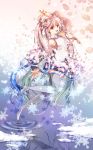  1girl arm_up blue_hair boots detached_sleeves flower fusion hair_flower hair_ornament hatsune_miku highres iroha_(shiki) long_hair necktie open_mouth pink_hair red_eyes sakura_miku skirt snowflakes solo thigh-highs thigh_boots twintails very_long_hair vocaloid yuki_miku 