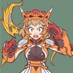  1girl breasts brown_eyes brown_hair cosplay green_background kazuma_(scryed) kazuma_(scryed)_(cosplay) matsushitakun_(matsunosasakure) open_mouth scryed senki_zesshou_symphogear short_hair solo tachibana_hibiki_(symphogear) 