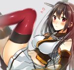  1girl black_hair blush headgear kantai_collection legs_up long_hair looking_at_viewer lying nagato_(kantai_collection) okia on_back personification red_eyes red_legwear solo thigh-highs 