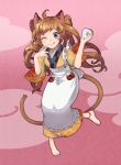  1girl :p animal_ears apron barefoot blue_eyes brown_hair cat_ears cat_tail food japanese_clothes kimono long_hair onigiri original solo tail tongue twintails wink 