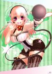  1girl blush breasts cleavage finger_to_cheek headphones highres large_breasts long_hair looking_at_viewer microphone nitroplus open_mouth pink_eyes pink_hair pointing pointing_at_viewer smile solo super_sonico thigh-highs zettai_ryouiki 