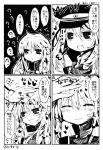  1girl bare_shoulders bismarck_(kantai_collection) blush closed_eyes comic hat hat_removed headwear_removed heart heart-shaped_pupils kantai_collection matsushita_yuu military_hat monochrome open_mouth personification sparkle symbol-shaped_pupils translation_request 