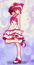  1girl absurdres aino_megumi amawa_kazuhiro blush casual dress eyelashes fashion hair_ornament hair_ribbon happinesscharge_precure! happy high_heels highres long_hair looking_at_viewer pink_eyes pink_hair ponytail precure ribbon shoes smile solo standing 