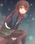  1girl blazer brown_eyes brown_hair character_request kantai_collection kasu_(return) mutsuki_(kantai_collection) open_mouth pantyhose personification scarf short_hair skirt smile snowflakes solo 