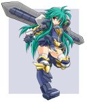  1girl armor gauntlets green_hair karukan_(monjya) long_hair polaris_(shinrabanshou) red_eyes shinrabanshou solo sword weapon 