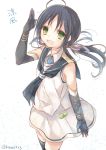  1girl ahoge bare_shoulders black_hair black_legwear character_request elbow_gloves gloves green_eyes kantai_collection kasu_(return) long_hair looking_at_viewer low_twintails neckerchief open_mouth personification skirt smile solo thigh-highs twintails 