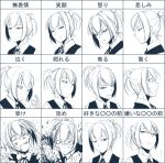  1girl angry blood chart clenched_hand expressionless facial_expressions gloves hair_ornament hetza_(hellshock) kantai_collection looking_at_viewer looking_down monochrome punching school_uniform shiranui_(kantai_collection) short_hair smile smirk sneer surprised sweat tears translation_request 