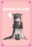  ... 1girl :&gt; black_eyes black_hair blush_stickers copyright_name jacket_on_shoulders lactmangan nike_(break_blade) polka_dot short_hair short_twintails sleeves_past_wrists solo speech_bubble twintails 