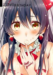  1girl black_hair blush character_name cream earrings face finger_to_mouth food food_as_clothes food_on_face food_themed_clothes frilled_collar happy_birthday heart heart-shaped_pupils jewelry long_hair love_live!_school_idol_project okia solo sonoda_umi symbol-shaped_pupils yellow_eyes 