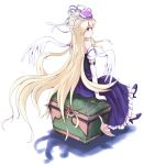  1girl bare_shoulders blonde_hair dress elbow_gloves gloves gotaishu hair_over_one_eye hat high_heels long_hair looking_behind pandora_(p&amp;d) puzzle_&amp;_dragons red_eyes sitting treasure_chest 