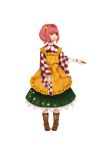  1girl apron bell boots bow character_name checkered frills green_skirt hair_bell hair_bobbles hair_ornament highres japanese_clothes motoori_kosuzu name_tag pink_hair realistic red_eyes short_hair skirt smile solo superparadox touhou wide_sleeves 
