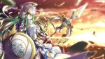  1girl armor athena_(p&amp;d) green_hair helmet highres hong_(white_spider) left-to-right_manga long_hair polearm puzzle_&amp;_dragons reina_(black_spider) shield smile solo spear weapon 