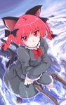  1girl absurdres animal_ears blush bow braid breasts cat_ears cat_tail hair_bow hayate-s highres kaenbyou_rin long_hair long_sleeves looking_at_viewer looking_up multiple_tails red_eyes redhead ribbon skirt smile solo spirit tail touhou twin_braids wheelbarrow 