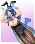  1girl animal_ears blue_hair breasts cleavage closed_eyes eyepatch fishnets higuma huge_breasts lips long_hair nail_polish pantyhose rabbit_ears smile solo 