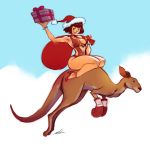  1girl animal anna_williams boxing_gloves bracelet breasts choker christmas gift hat high_heels jewelry jumping kangaroo lips navel pinky_out redhead riding roger_jr. sack santa_hat seeso2d short_shorts shorts sideboob sling_bikini smile swimsuit tekken thick_thighs thighs 