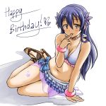  bikini_top blue_hair blush bracelet breasts brown_eyes cleavage finger_to_mouth hairband happy_birthday jewelry long_hair love_live!_school_idol_project midriff miniskirt navel necklace pas_(paxiti) pearl_necklace sandals see-through sitting skirt smile sonoda_umi toes yokozuwari 