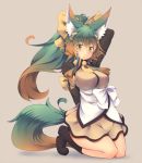  1girl animal_ears blush bow fox_ears fox_tail green_eyes green_hair grey_background hair_bow hair_ribbon kneeling kuromiya kuromiya_raika long_hair long_sleeves multicolored_hair orange_hair original ponytail ribbon smile solo tail two-tone_hair 