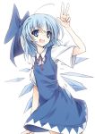  1girl blue_dress blue_eyes blue_hair bow cirno dress hair_bow ice ice_wings itsutsuki looking_at_viewer pose shirt simple_background smile solo touhou white_background wings 