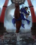  boots bracelet bun_cover china_dress chinese_clothes chun-li double_bun high_kick jewelry kicking motion_blur rain sash spiked_bracelet spikes standing_on_one_leg street_fighter 