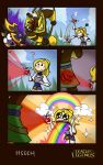  1girl 4koma annoyed blonde_hair clouds comic league_of_legends luxanna_crownguard nasus rainbow sonakton tail tail_wagging teemo 