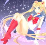  1girl absurdres bishoujo_senshi_sailor_moon blonde_hair blue_eyes blue_skirt boots bow brooch choker crescent_moon double_bun elbow_gloves gloves hair_ornament hairpin highres jewelry kinako217 knee_boots long_hair magical_girl moon purple_background ribbon sailor_collar sailor_moon sitting skirt smile solo star tsukino_usagi twintails white_gloves 