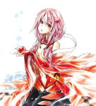  1girl bare_shoulders black_legwear breasts center_opening cleavage detached_sleeves fingerless_gloves gloves guilty_crown hair_ornament hairclip long_hair navel pink_hair red_eyes sitting solo thigh-highs twintails yuzuriha_inori 