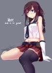  1girl blush braid breasts brown_hair garnet gloves green_eyes kantai_collection long_hair midriff noshiro_(kantai_collection) personification school_uniform single_thighhigh skirt thigh-highs twin_braids white_gloves 