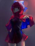  1girl arm_up bow cape geppewi hair_bow hand_on_hip long_sleeves looking_at_viewer red_eyes redhead sekibanki short_hair skirt solo touhou 