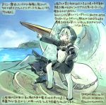  1girl artist_request grin hood jacket kantai_collection ocean pointing pointing_forward re-class_battleship red_eyes shinkaisei-kan short_hair silver_hair smile translation_request 