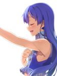  1girl blue_hair bust closed_eyes hand_on_own_chest highres idolmaster kisaragi_chihaya long_hair open_mouth outstretched_arm profile racer_(magnet) sleeveless solo sweat white_background 