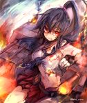  1girl black_hair breasts gloves kantai_collection large_breasts long_hair looking_at_viewer makura-ko_(nacoll) navel personification ponytail red_eyes skirt solo torn_clothes yahagi_(kantai_collection) 