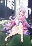  1girl animal_ears arm_support bare_legs barefoot blush floral_print highres hiichisato japanese_clothes kimono long_hair obi rabbit_ears red_eyes reisen_udongein_inaba sakazuki sash shiny shiny_skin sitting solo tatami touhou very_long_hair 