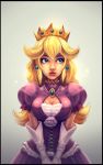  blonde_hair blue_eyes breasts cleavage cleavage_cutout crown fred-h gloves highres jewelry laces lips long_hair princess_peach super_mario_bros. 