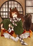  1girl animal_ears bloomers brown_eyes brown_hair futatsuiwa_mamizou glasses grin indian_style japanese_clothes leaf leaf_on_head no_shoes pince-nez raccoon_ears raccoon_tail scarf sitting smile tail tanuki touhou underwear wink 