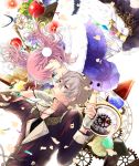  1boy 1girl amiko_(frostedchocolate) apple atelier_(series) atelier_escha_&amp;_logy black_skirt bracelet braid clock escha_malier eye_contact fingerless_gloves food french_braid fruit gloves green_eyes grey_hair highres holding_hands jacket jewelry logix_ficsario looking_at_another petals pink_hair pom_pom_(clothes) roman_numerals short_hair skirt smile yellow_eyes 