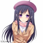  1girl arms_behind_back blush breasts earrings hat jewelry long_hair looking_at_viewer mikan_(5555) simple_background smile solo very_long_hair violet_eyes white_background 