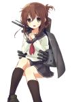  brown_eyes brown_hair folded_ponytail inazuma_(kantai_collection) kantai_collection long_hair open_mouth personification school_uniform serafuku simple_background skirt solo turret usamito white_background 