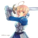  1girl ahoge armor armored_dress blonde_hair excalibur fate/stay_night fate_(series) green_eyes saber solo sword weapon white_s 