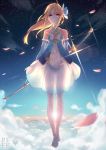  1girl bare_shoulders blonde_hair blue_dress bow clouds detached_sleeves dress hair_bow highres katana layered_dress looking_at_viewer original petals phantania pixiv_fantasia_fallen_kings red_eyes see-through sky solo star_(sky) starry_sky striped striped_legwear sword weapon white_dress 