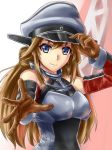  1girl bismarck_(kantai_collection) bismarck_(kantai_collection)_(cosplay) blue_eyes breasts brown_gloves brown_hair detached_sleeves double_bun gloves hat ishii_hisao kantai_collection kongou_(kantai_collection) long_hair peaked_cap smile solo 