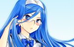  1girl adjusting_hair aoki_hagane_no_arpeggio blue_eyes blue_hair blush face glasses hairband lactmangan long_hair mole pursed_lips solo takao_(aoki_hagane_no_arpeggio) 