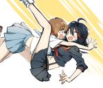  2girls apfl0515 black_hair blue_skirt brown_eyes brown_hair glomp hug kill_la_kill mankanshoku_mako matoi_ryuuko multicolored_hair multiple_girls school_uniform senketsu serafuku short_hair skirt 