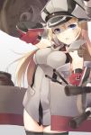  1girl bismarck_(kantai_collection) blonde_hair blue_eyes blush breasts brown_gloves cannon gloves grey_legwear hat kantai_collection long_hair looking_at_viewer open_mouth peaked_cap personification solo thigh-highs yuzumochi 