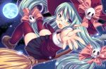  1girl aqua_hair boots bow broom broom_riding foreshortening full_moon green_eyes hair_ornament hat long_hair looking_at_viewer matatabi_maru moon open_mouth original pointy_ears skirt skull_hair_ornament smile solo very_long_hair witch_hat 