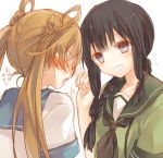  2girls abukuma_(kantai_collection) black_hair blonde_hair blush braid bust embarrassed grey_eyes grin hair_rings kantai_collection kasu_(return) kitakami_(kantai_collection) multiple_girls neckerchief open_mouth personification school_uniform serafuku single_braid smile translation_request twintails 