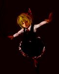  1girl black_background blonde_hair blouse dark darkness fang hair_ribbon highres lisitsa long_sleeves open_mouth outstretched_arms red_eyes ribbon rough rumia short_hair smile solo spread_arms touhou vest 