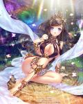  1girl a.yuuki anklet artist_name barefoot barefoot_sandals bracelet breasts brown_hair butterfly cleavage crown earrings grass hair_ornament jewelry large_breasts long_hair original sitting solo tree violet_eyes watermark web_address 
